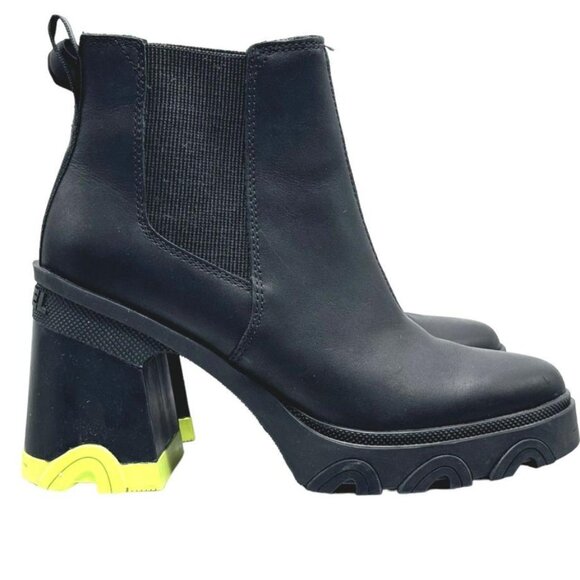 NEW SOREL Leather Brex Heel Chelsea Booties Black/green 825 7s3 - Picture 3 of 13